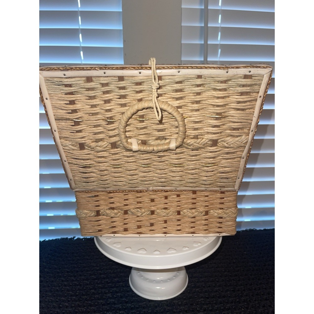 Vintage Wicker Woven Sewing Box Basket Green Satin Ratan 10" Green Tufted Lining - Picture 6 of 14